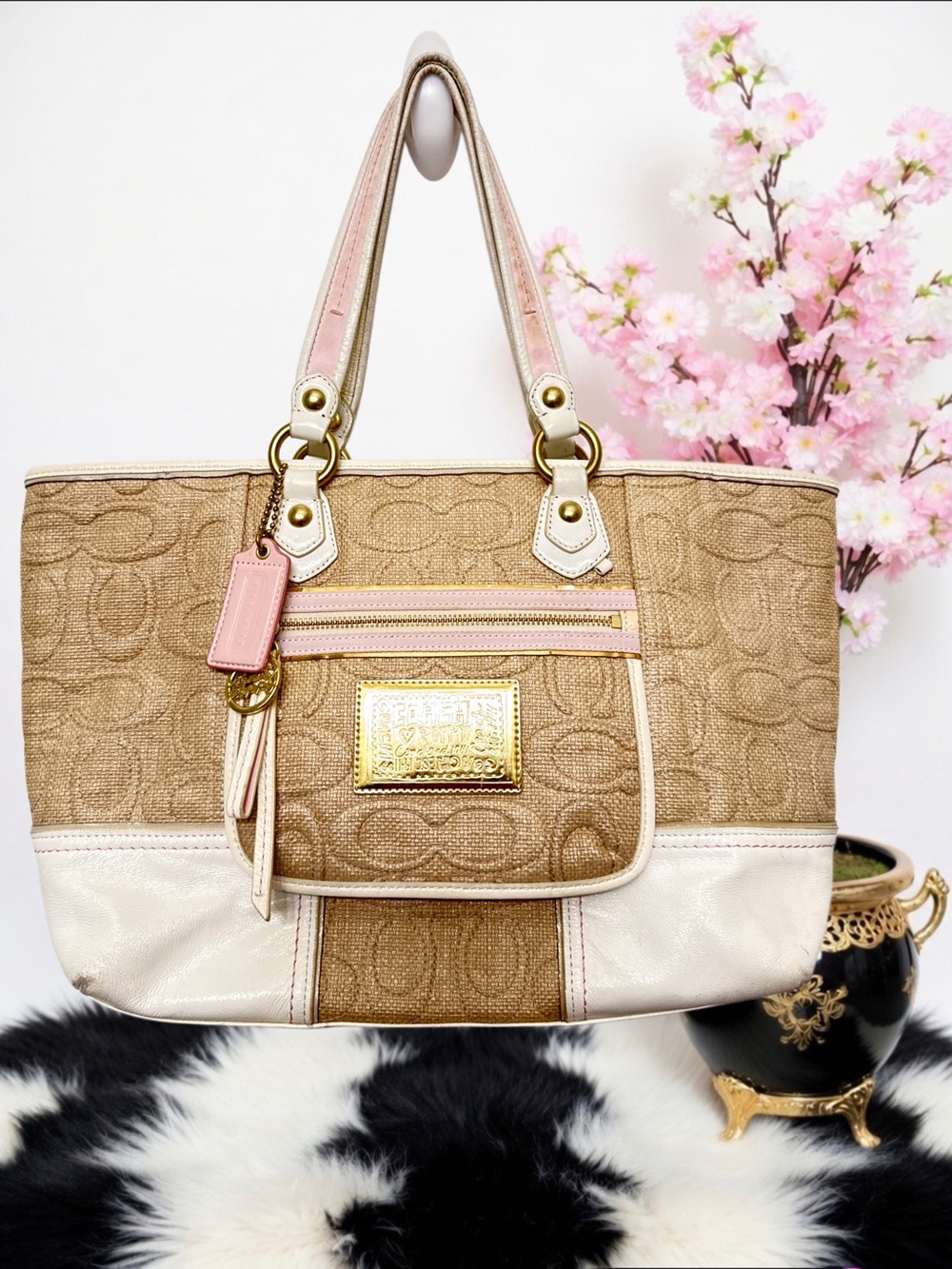 Coach Beige and Pink Signature Canvas Tote with Cream Leather Trim